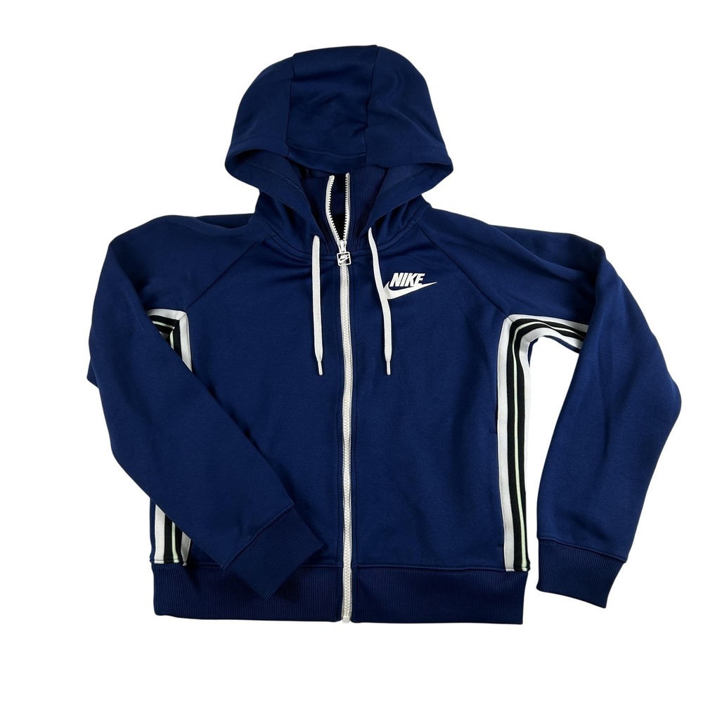 Nike Hoodie Womens Small Blue Full Zip Stripe Sleeve Track Jacket Swoosh Logo‎